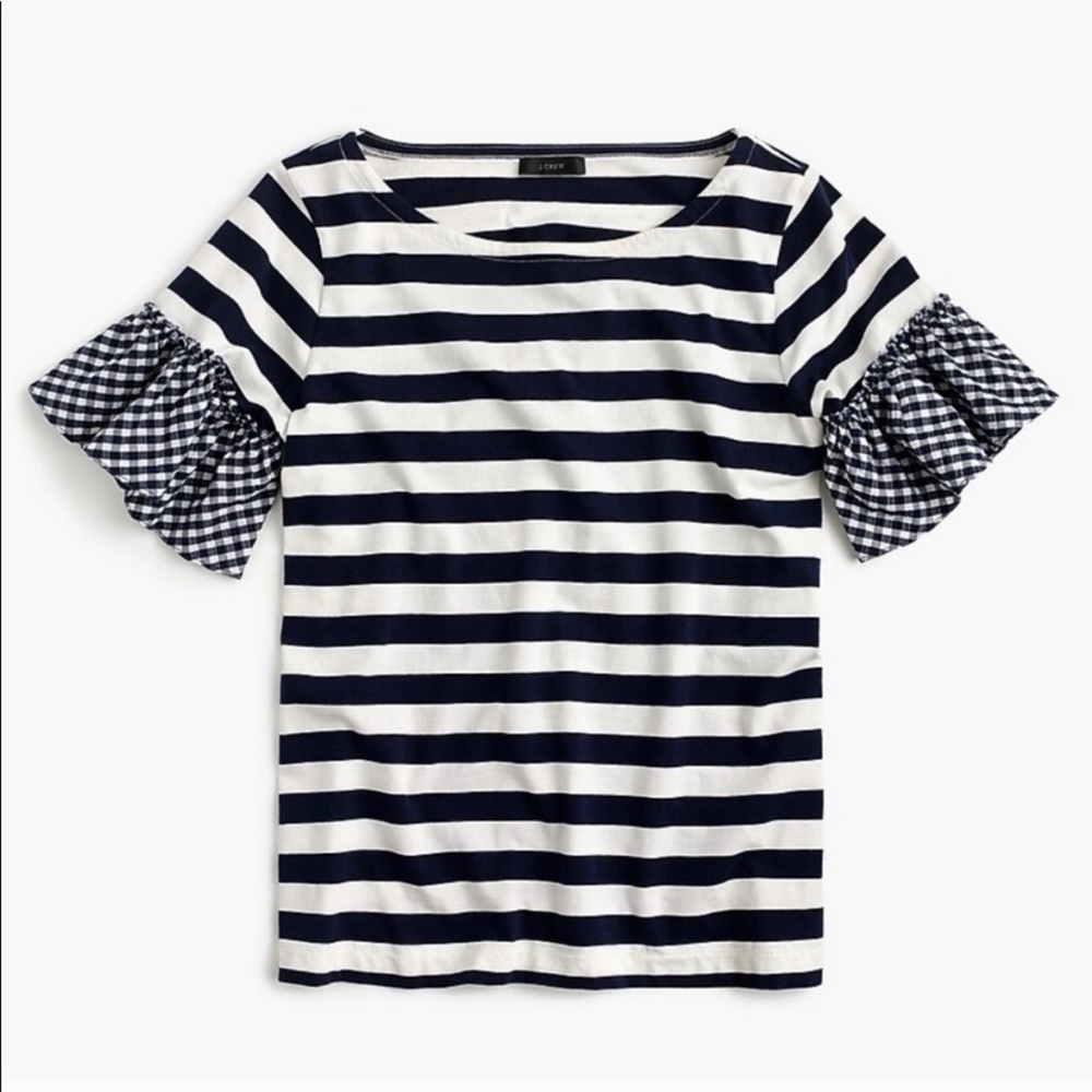 J. Crew Navy Striped and Gingham Ruffle Sleeve Tee - size Small